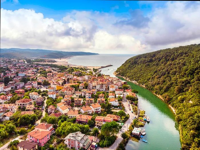 Aerial view of Ağva, a charming holiday and fishing destination near Istanbul