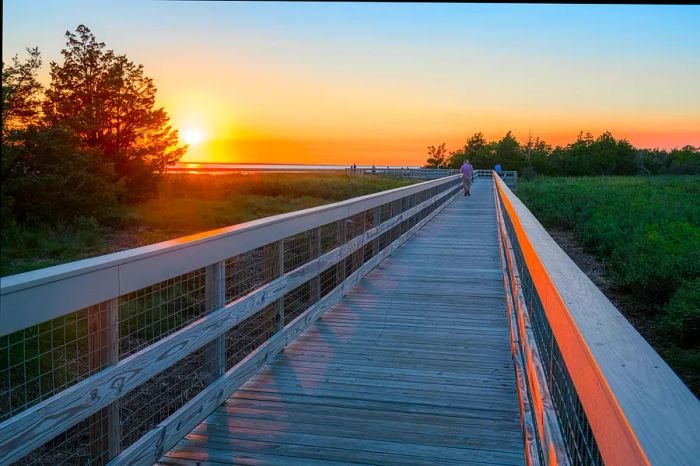 A picturesque wooden footbridge at dusk in Sandy Hook National Recreation Area along the Jersey Shore.