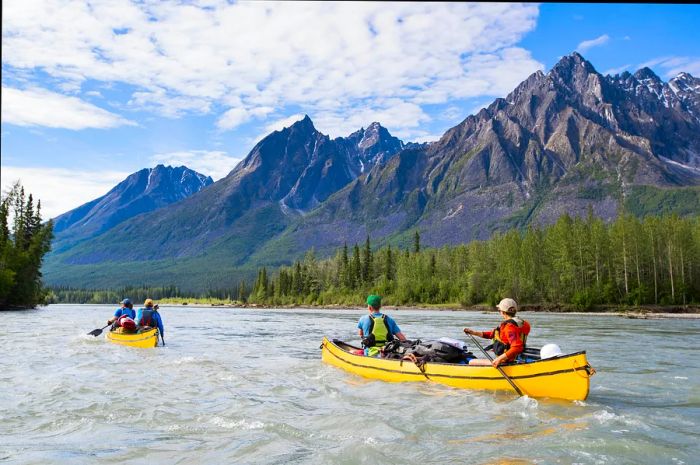 Two canoeists navigate a river surrounded by mountains