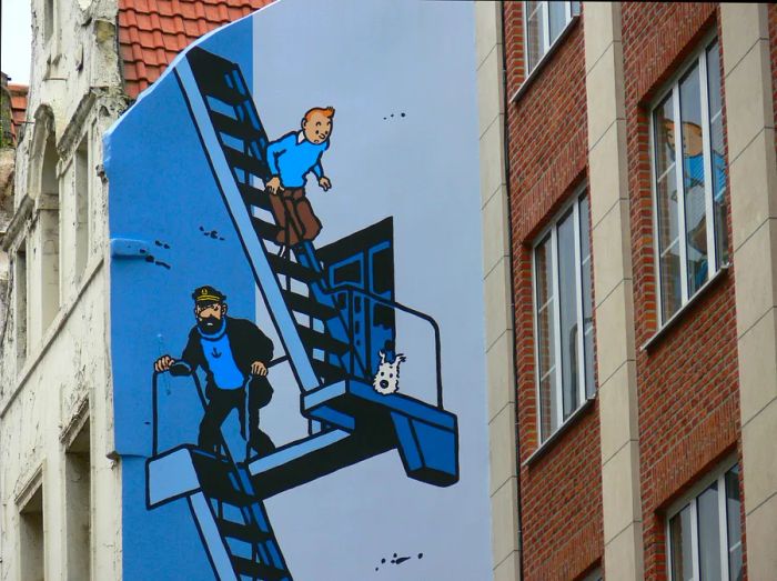 A Tintin mural along the comic book route in Brussels, Belgium, Europe