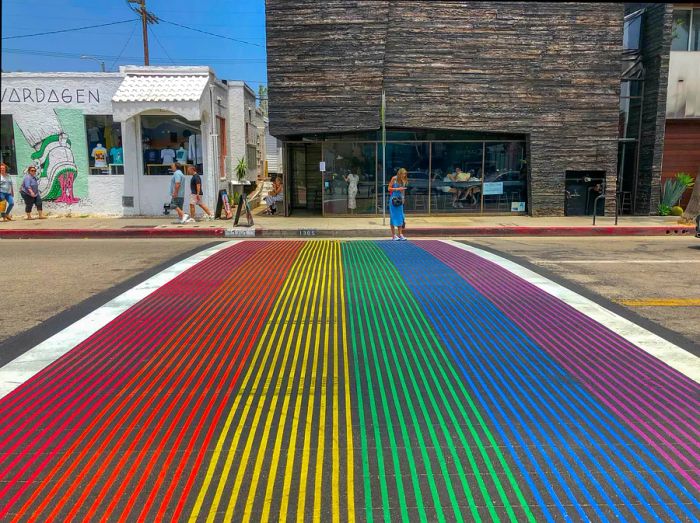 Rainbow gay flag crosswalk on Abbot Kinney Boulevard, Venice, Los Angeles