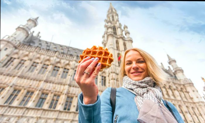 A young woman presents a traditional Belgian waffle against the backdrop of Grand-Place in Brussels, Belgium