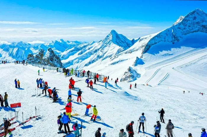 Skiers enjoying the slopes at the winter ski resort Hintertux, Tirol, Austria.