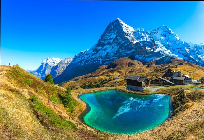 Jungfrau Peak mirrored in the tranquil waters of a heart-shaped pond at Kleine Scheidegg