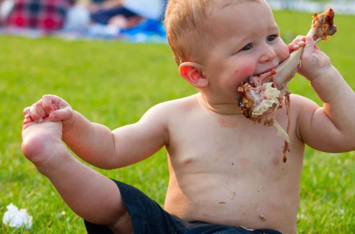 A baby enjoying a chicken leg at a festival © Olga Enger / Shutterstock