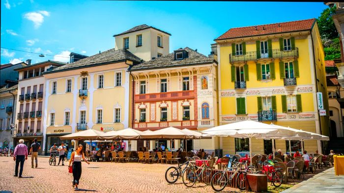 A bright day at Piazza Collegiate in Bellinzona, Switzerland