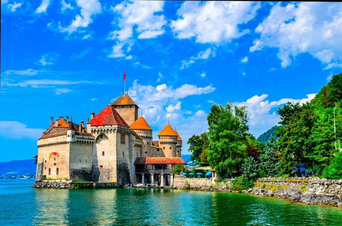 Exterior view of Château de Chillon, one of Switzerland's most popular castles.