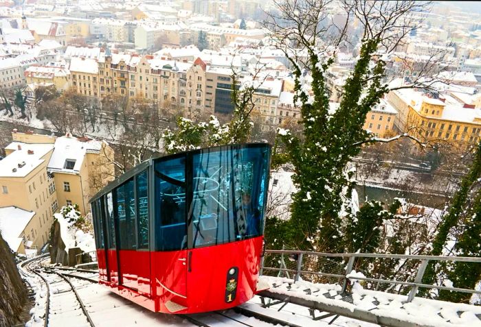 Funicular ascending to Schlossberg in Graz, Austria