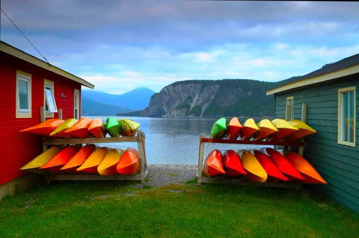 A stack of vibrant kayaks at Gros Morne