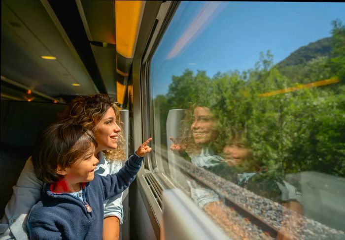 A mother and son enjoying a train ride in France