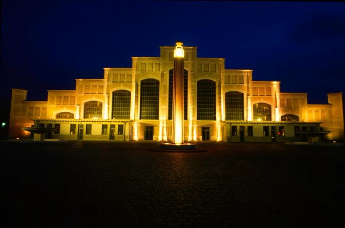 Nighttime view of the Halle Tony-Garnier in Lyon, France