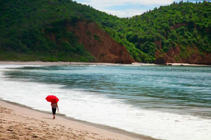 A person with a red umbrella walks along a beach on a cloudy day