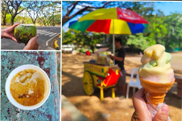 A colorful array of Manila street food featuring coconut water, ice cream, and taho