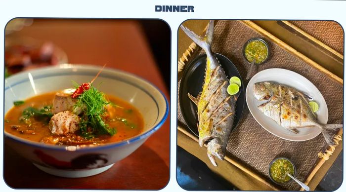 Photos of dinner offerings, including curry and grilled fish, from various restaurants in Chiang Mai.