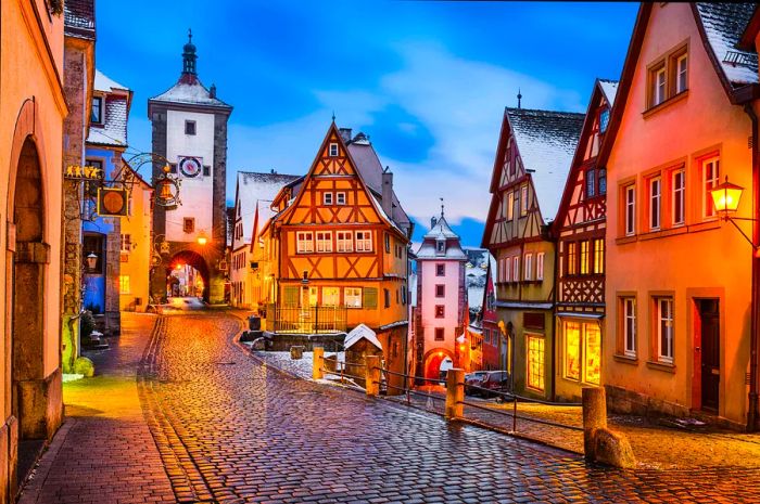 A charming medieval town featuring cobblestone streets.