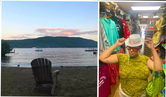 Left: Scenic view of Lake George, Right: Shopping at Chamidae Ford near Lake George