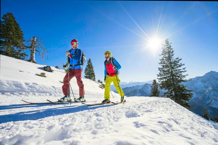 Two men skiing through the Bavarian Alps.