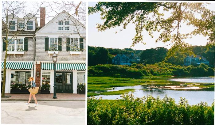 Left: Shopping in Martha's Vineyard, Right: A serene bay view in Martha's Vineyard