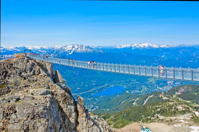 Visitors stroll along the Cloudraker Skybridge on Whistler Mountain, British Columbia, Canada