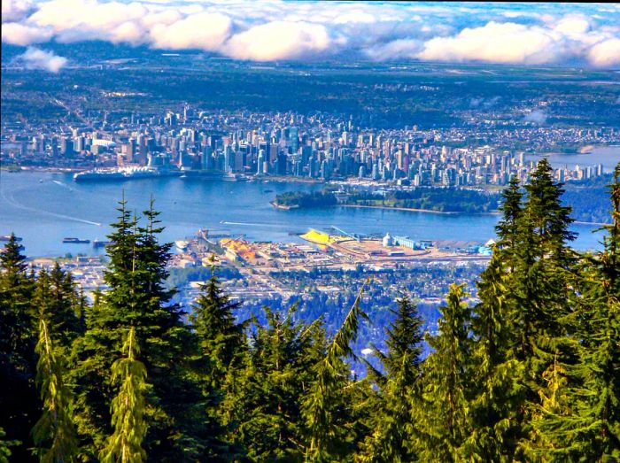 A stunning view of the Vancouver skyline from the summit of Grouse Mountain, British Columbia, Canada