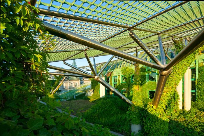 Lush greenery adorns the rooftop gardens of Warsaw University Library, Warsaw, Poland