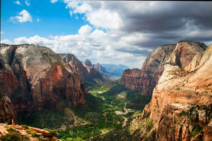 A vast canyon extends into the horizon.