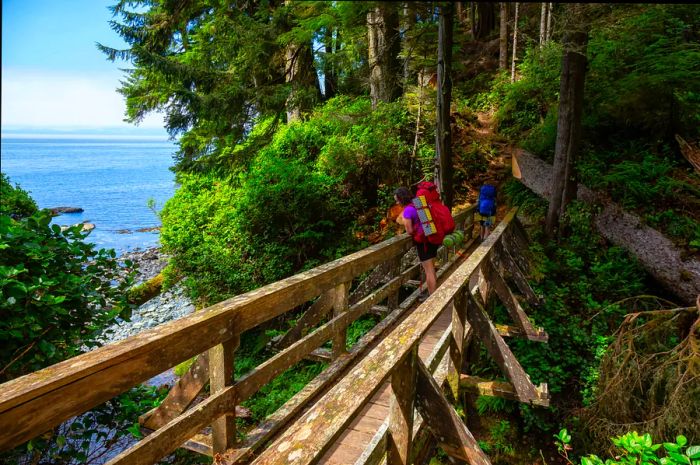 Two hikers are traversing a wooden bridge in a wooded area along the Juan de Fuca Trail on Vancouver Island.