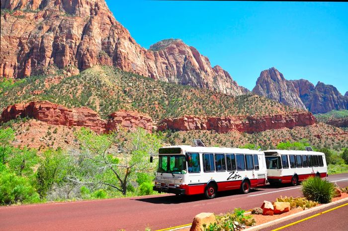 A bus featuring two compartments travels along a road through a striking red-rock canyon.