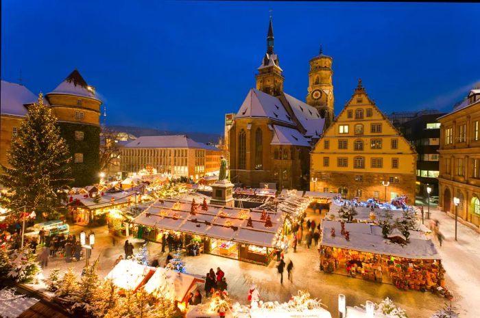 Night view of a festive market in Stuttgart, Germany