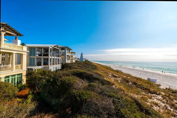 Bird's-eye view from a wooden pavilion overlooking the beach at the Gulf of Mexico in Seaside