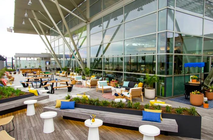 An overview of the outdoor terrace; Chase Sapphire at Austin Airport