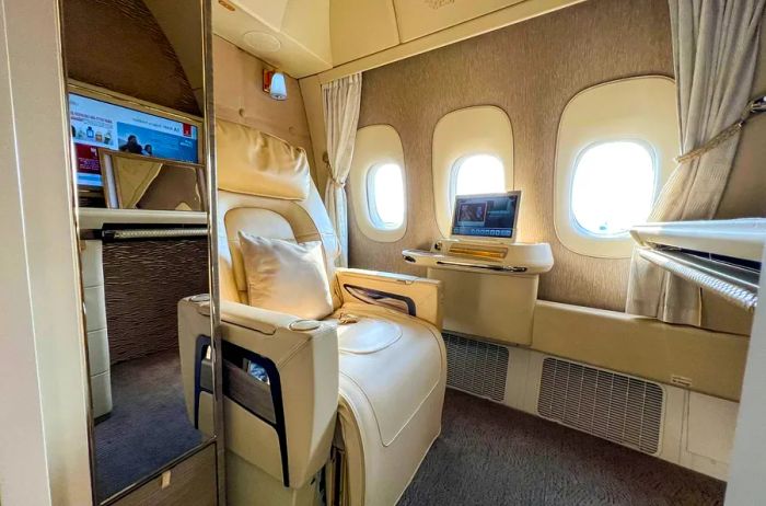 The stunning first-class cabin aboard an Emirates 777