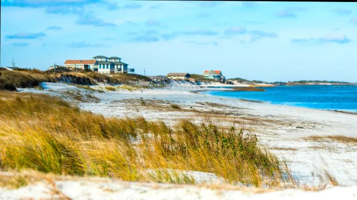 Beachfront homes lining the sandy shores of North Carolina.