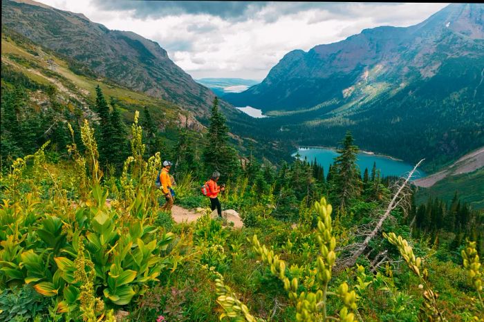 Two hikers trek along a path through dense underbrush descending toward a lake