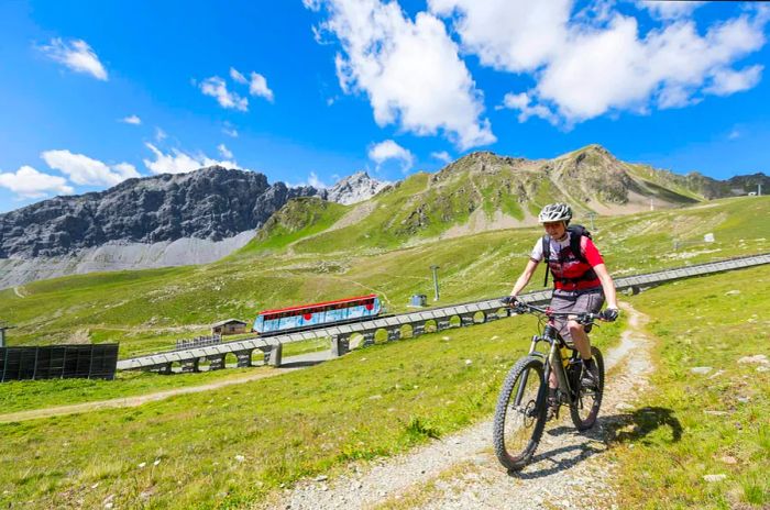 A woman mountainbiker descends a gravel path.