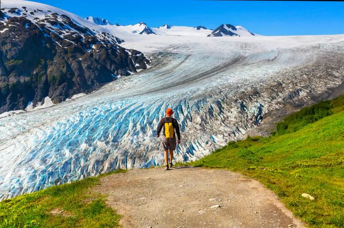 Hiker at Exit Glacier, Kenai Fjords National Park, Seward, Alaska