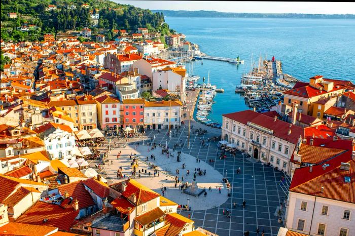 An aerial view showcasing Piran and its historic red-roofed buildings in the main square, with the Adriatic Sea stretching out in the distance.