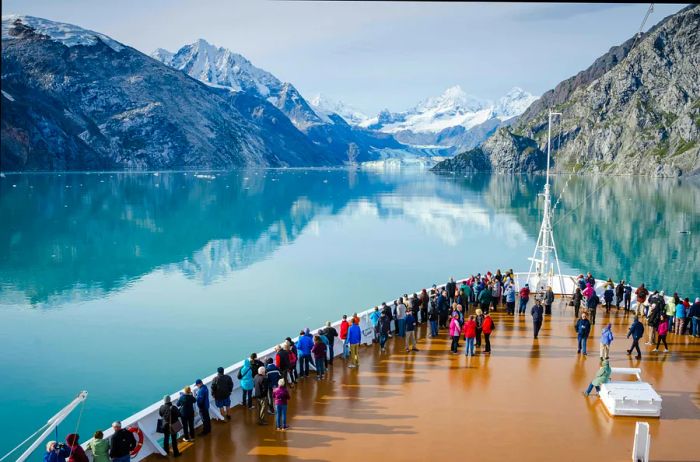 Cruise ship passengers enjoy close-up views of the stunning glaciers in Glacier Bay National Park and Preserve, located in Southeast Alaska.