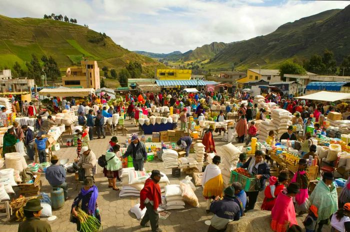 Weekly market at Zambagua, Ecuador, attracting indigenous communities from nearby villages.