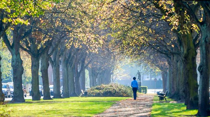 A woman strolling through Frederiksberg Have garden, Copenhagen, Denmark