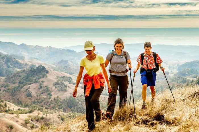 Three older women hiking in the hills near Healdsburg, Sonoma County, California, USA