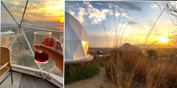 A luxurious bubble tent illuminated by sunset in Jaipur.