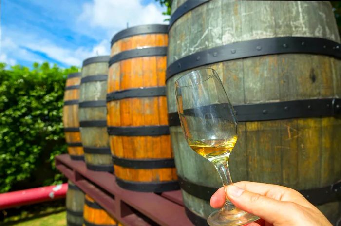 A hand extends a glass of rum in front of wooden barrels.