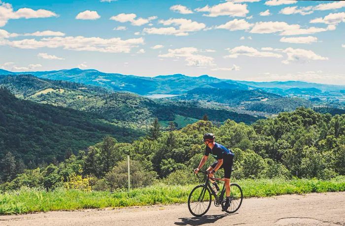 A cyclist rides along a hilly road in Napa, California, USA.