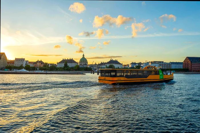 Copenhagen Harbor Bus gliding through the water at dusk.