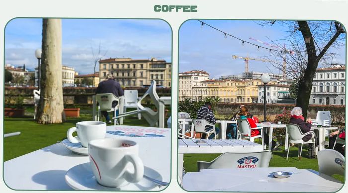 A group of elderly patrons relax on the outdoor terrace at Circolo Rondinella, enjoying coffee and the views of Florence