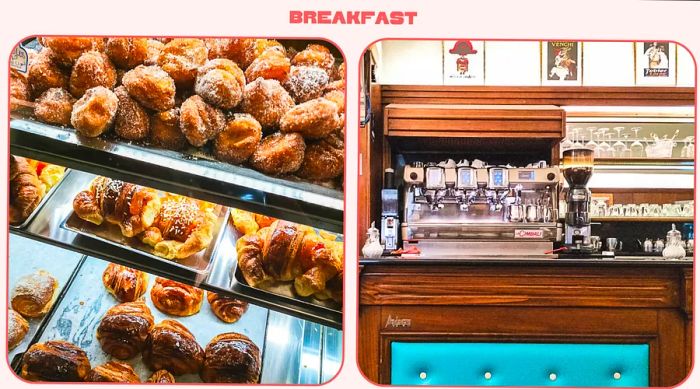 Close-up of pastries and the register at a classic coffee bar and breakfast venue in Florence