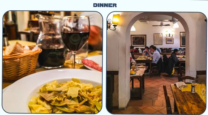 L: A plate of grilled artichokes. R: A group of men gathered around a table in an Italian eatery