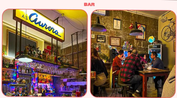 The interior of an Italian late-night bar adorned with neon signs, bicycles on the walls, and patrons enjoying drinks together