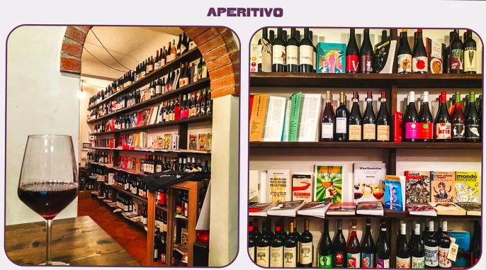 Close-up views of wine bottles in a Florentine wine bar